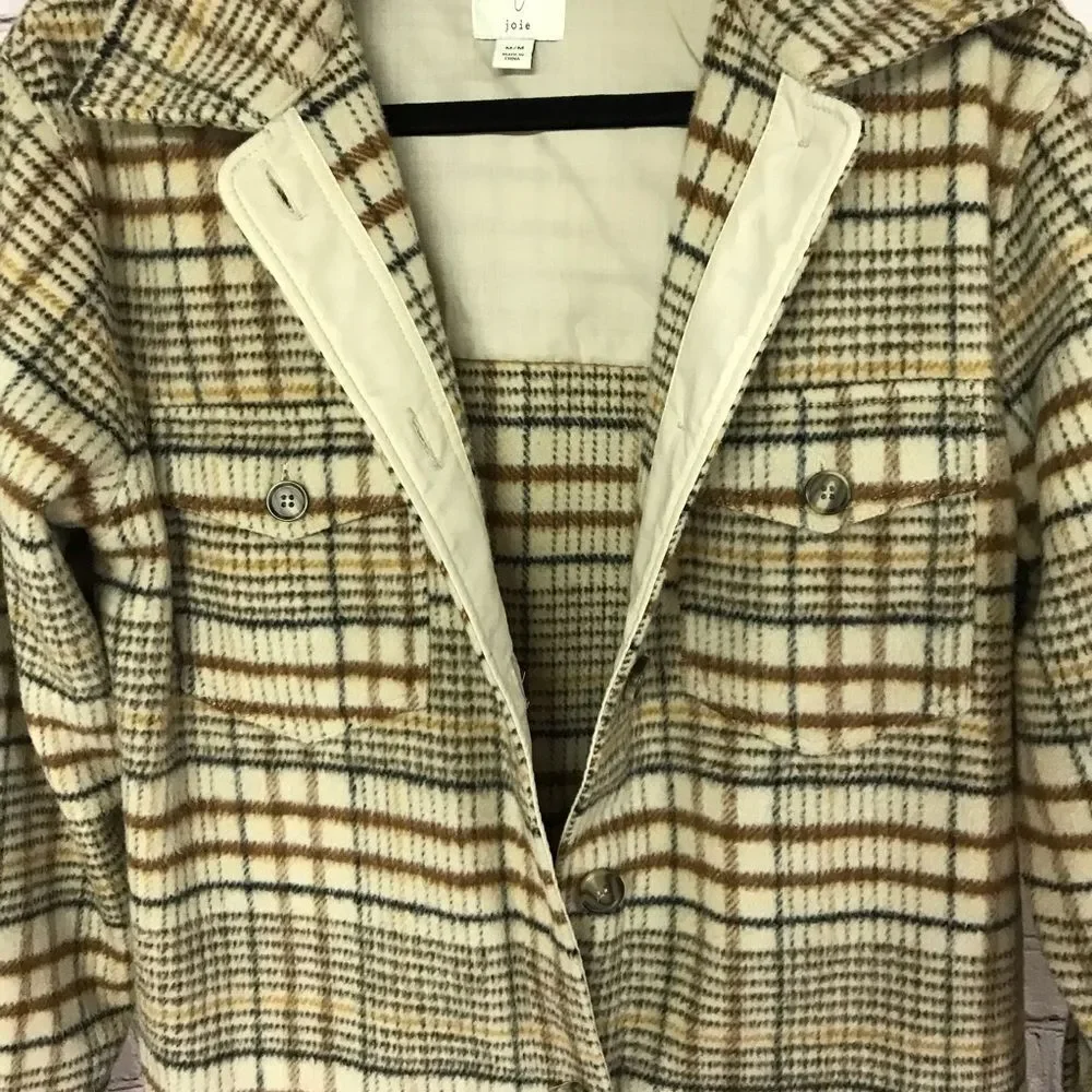 NWOT JOIE Oversized Neutral Plaid Button Up Casual Wool Blend Jacket Shacket M